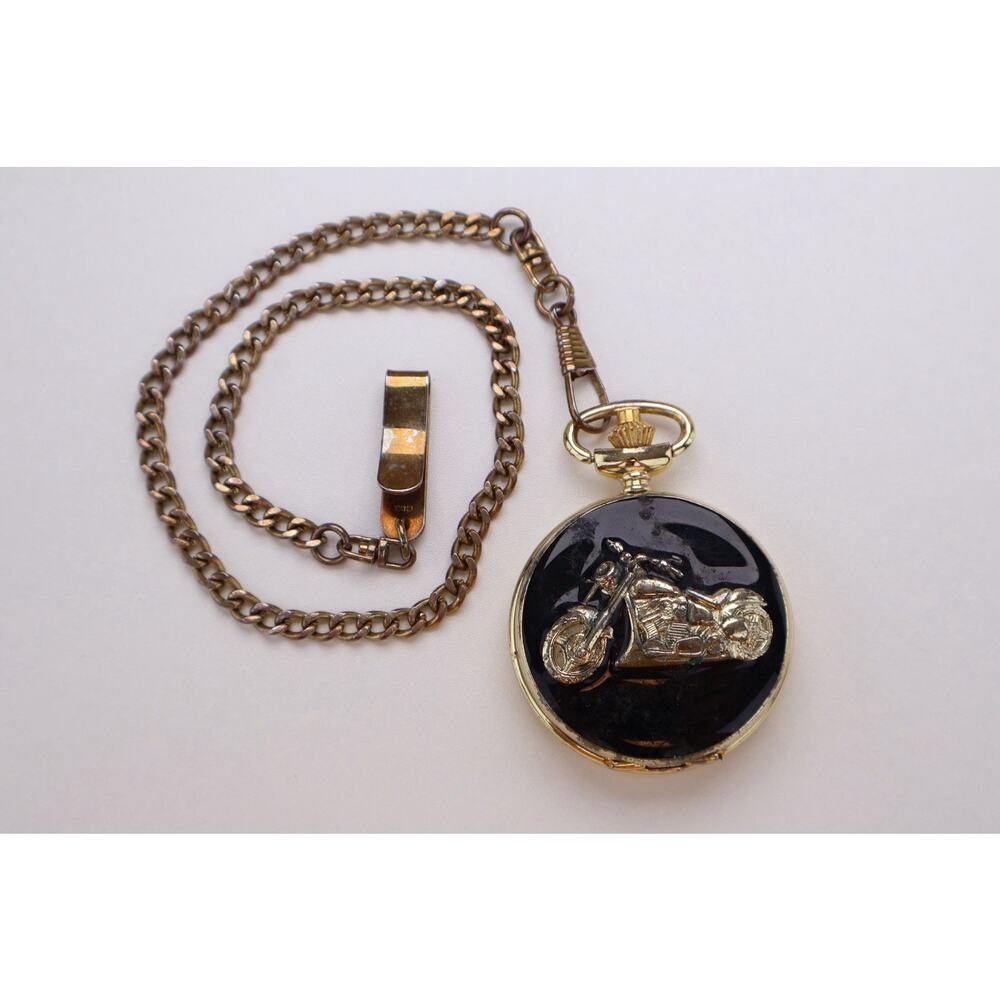 Milan Motorcycle Pocket Watch Quartz‎ Gold Tone Hunter Case Chain Untested